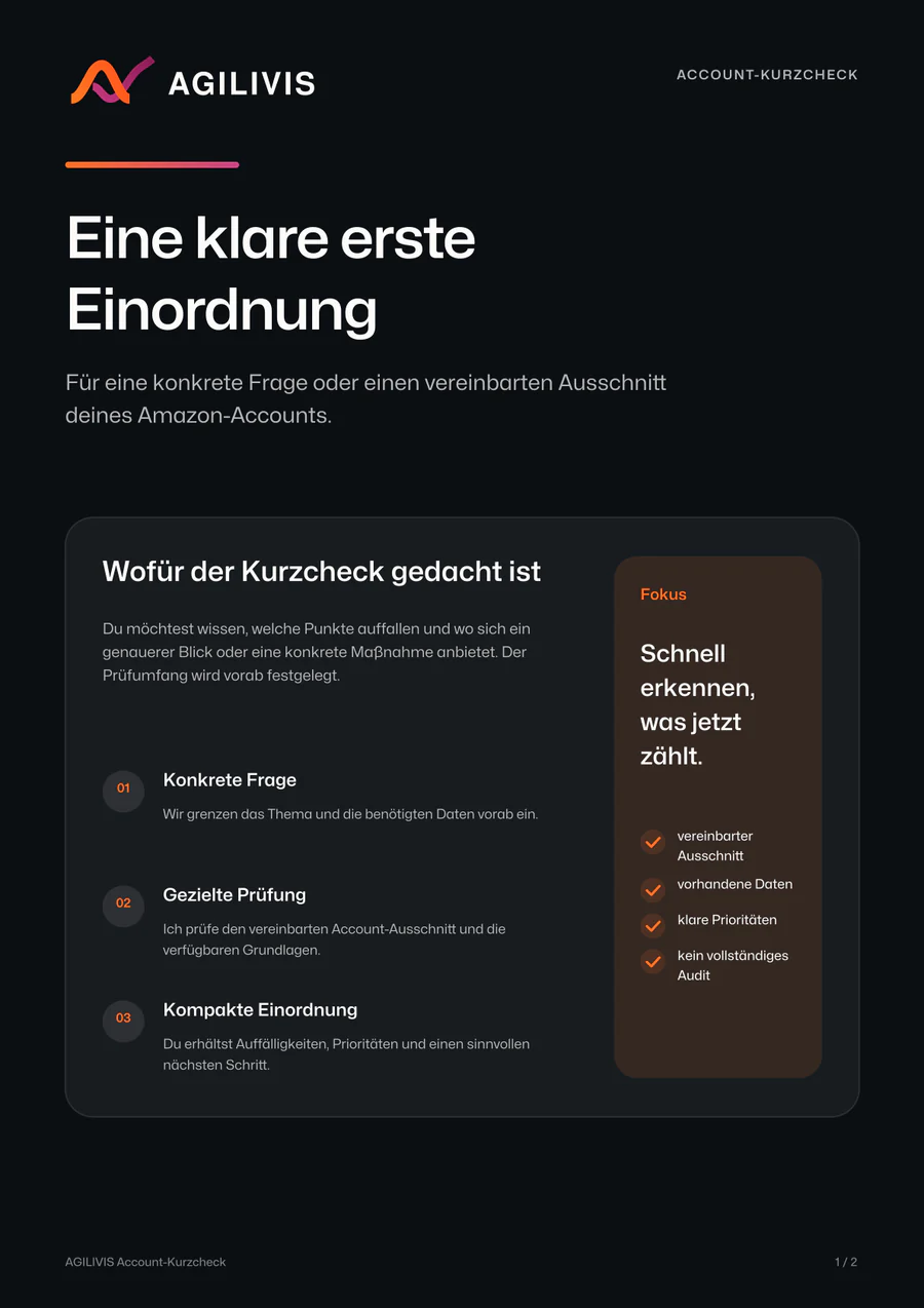 Titelseite der AGILIVIS-Leistungsübersicht Account-Kurzcheck