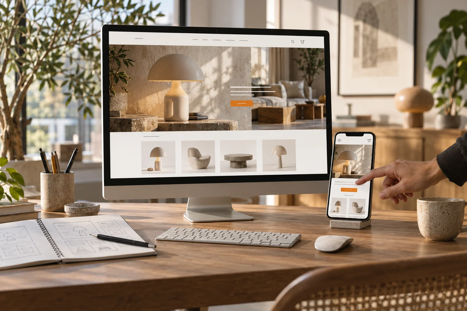 Editorial work scene: aligning page structure, copy and images for a company website