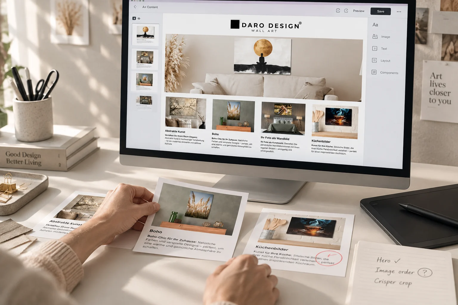 Editorial work scene: reworking A+ modules and image order for DARO Design wall art