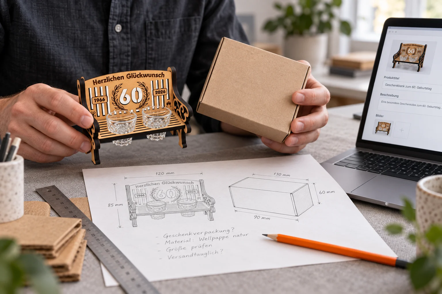 Editorial work scene: product sample, dimension sketch and first listing draft for a marketplace launch