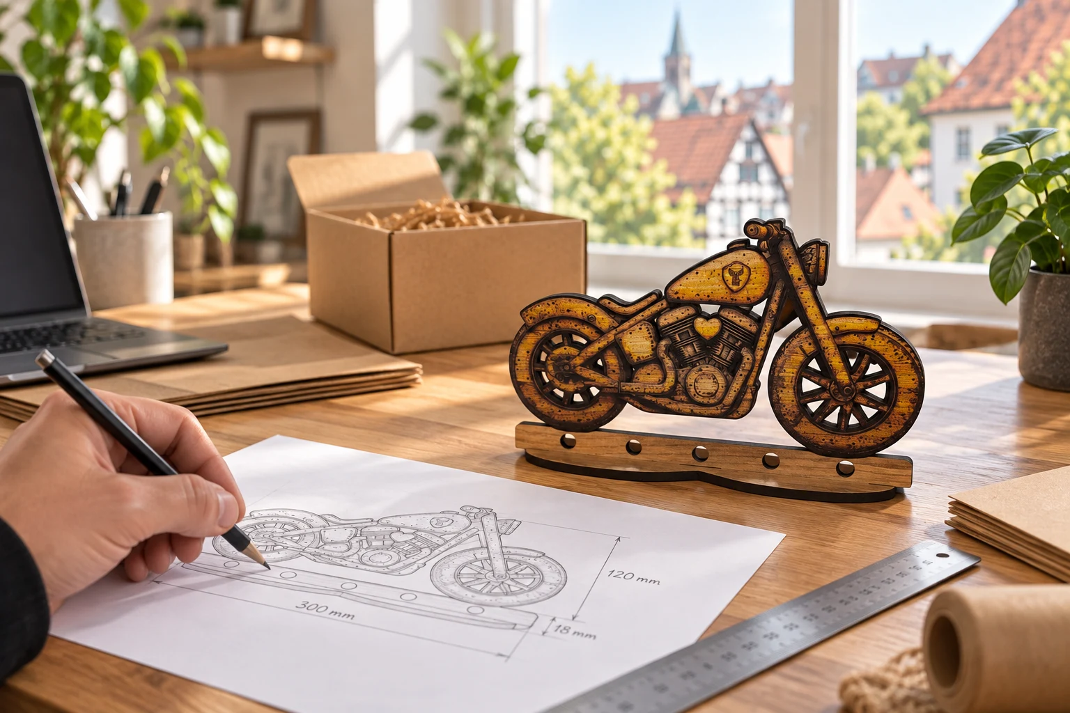 Eigenes Motorrad-Geldgeschenk neben dem zugehörigen Entwurf in einer inszenierten Arbeitsszene