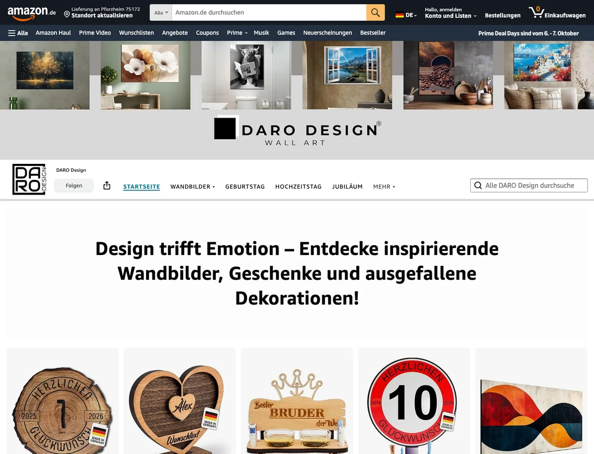 Ausschnitt aus dem Amazon Brandstore der eigenen Marke DARO Design