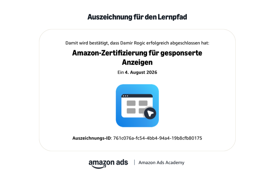 Originalurkunde: Amazon-Zertifizierung für gesponserte Anzeigen